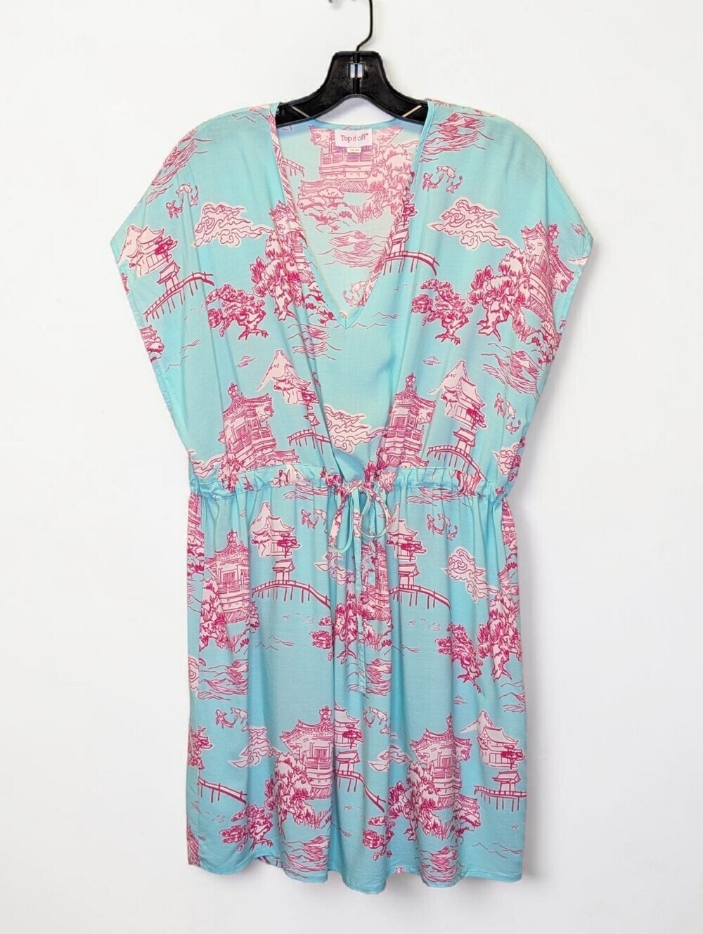 Top It Off Aqua Pink Toile Beach Cover Up Kaftan One Size Viscose